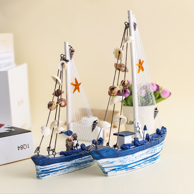 地中海家居装饰蓝白贝壳帆船做旧工艺品礼品贝壳船树脂工艺品摆件