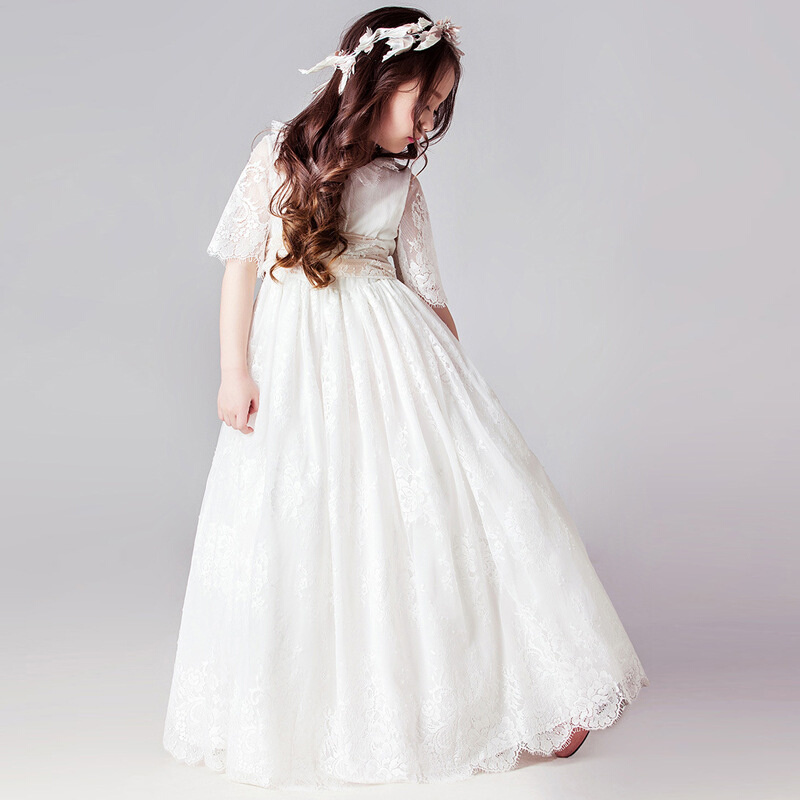 2022春款女童白色蕾丝表演连衣裙韩国中大童晚礼服裙子高端伴娘服