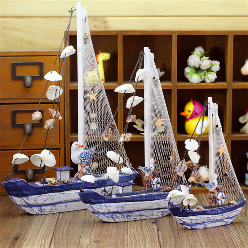 贝壳帆船 地中海家居饰品 做旧风格手工艺品礼品摆设蓝白木质包邮