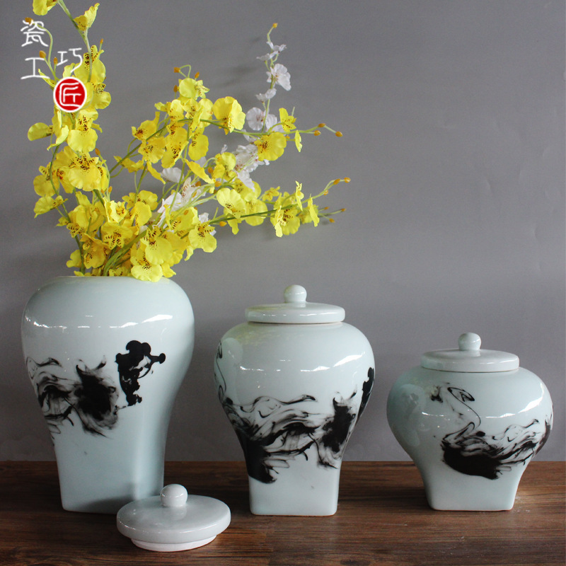 新中式装饰品摆件陶瓷罐插花干花瓶创意家居客厅桌面电视柜结婚厂