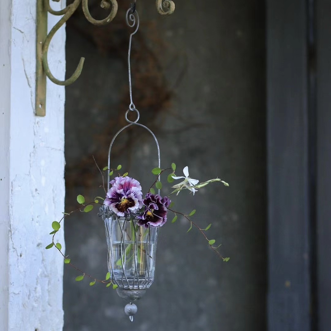 铁艺做旧花边玻璃风灯花瓶花园杂货装饰挂饰法式杂货家居