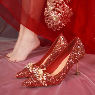 婚鞋女红色2024春季新款细跟秀禾服婚纱可拆卸两穿新娘鞋孕妇中跟