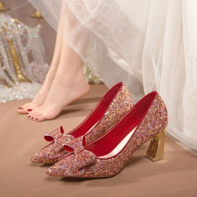 婚鞋秀禾婚纱两穿2023年新款水晶新娘高跟鞋女不累脚粗跟孕妇可穿